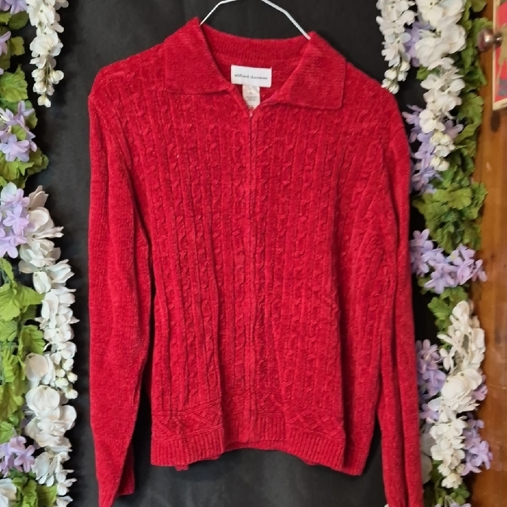 Alfred Dunner Red Cable-Knit Zip Collar Sweater